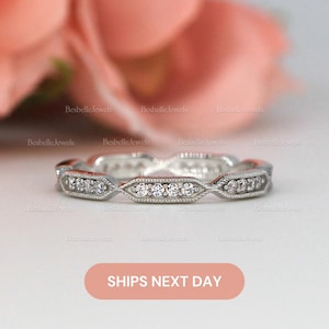 EternaHex Ring, Milgrain Art Deco Full Eternity Wedding Ring, Round Brilliant Cut Band, Unique Stacking Wedding Band, Gifts for Her [BR5116]