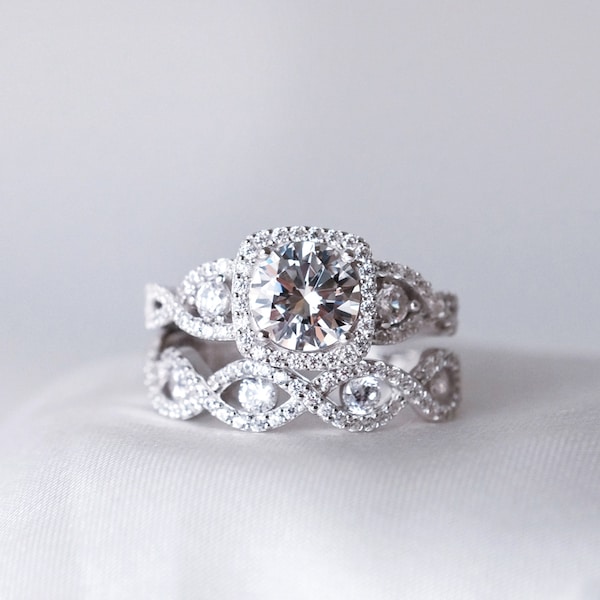 Crossover Infinity Band Bridal Set - Art Deco Halo Engagement Ring Set - Twisted Knot Wedding Band Set - Proposal Ring Set [BR1853-2]