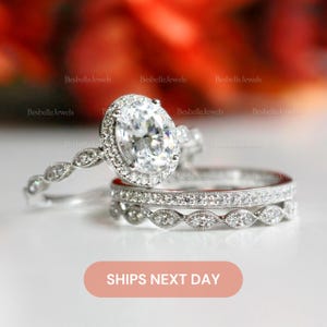 Oval Halo Bridal Ring Set / Vintage Art Deco Wedding Ring Set / Dainty Superior Lab-Created CZ Diamonds / 3PC Stacking Ring Set / 5953-3MX
