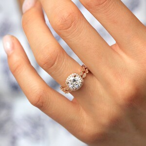 Round Halo Art Deco Bridal Ring Set 7.5mm Diamond Center Engagement Ring Set Dainty Vintage Wedding Ring Set BR6053-2 image 3