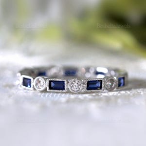 Round and Baguette Cut Mix Eternity Ring - Blue Baguette Cut Wedding Ring - Stackable Ring - Dainty Stackable Band Ring [BR5916SP]