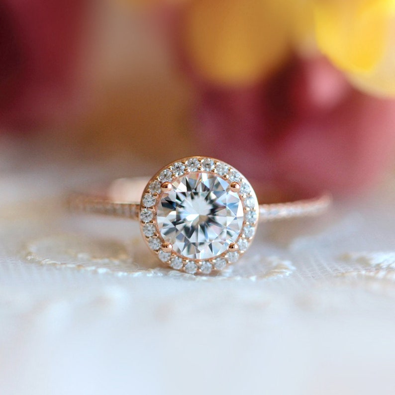 Moon Halo Diamond Engagement Ring Round CZ Diamond Ring Silver Promise, Anniversary Ring Valentine's Day Gift for Her BR0754 ROSE GOLD