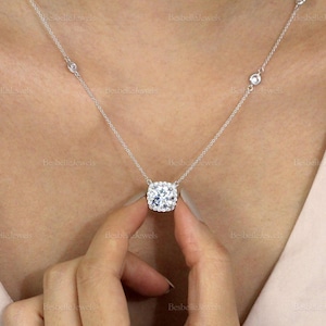 Statement Cz Diamond Halo Necklace w/ 8 Stationary Cz Diamond - Cushion Cut Halo Necklace - Gift for Her - Cz Diamond Necklace [BN1602]