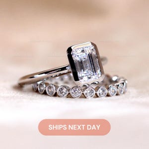 Emerald Bezel Solitaire Ring Set / Emerald Cut Engagement Ring w/ Bezel Band Ring / Lab Created CZ / Bold Dainty Bezel Ring Set / 8554-2B
