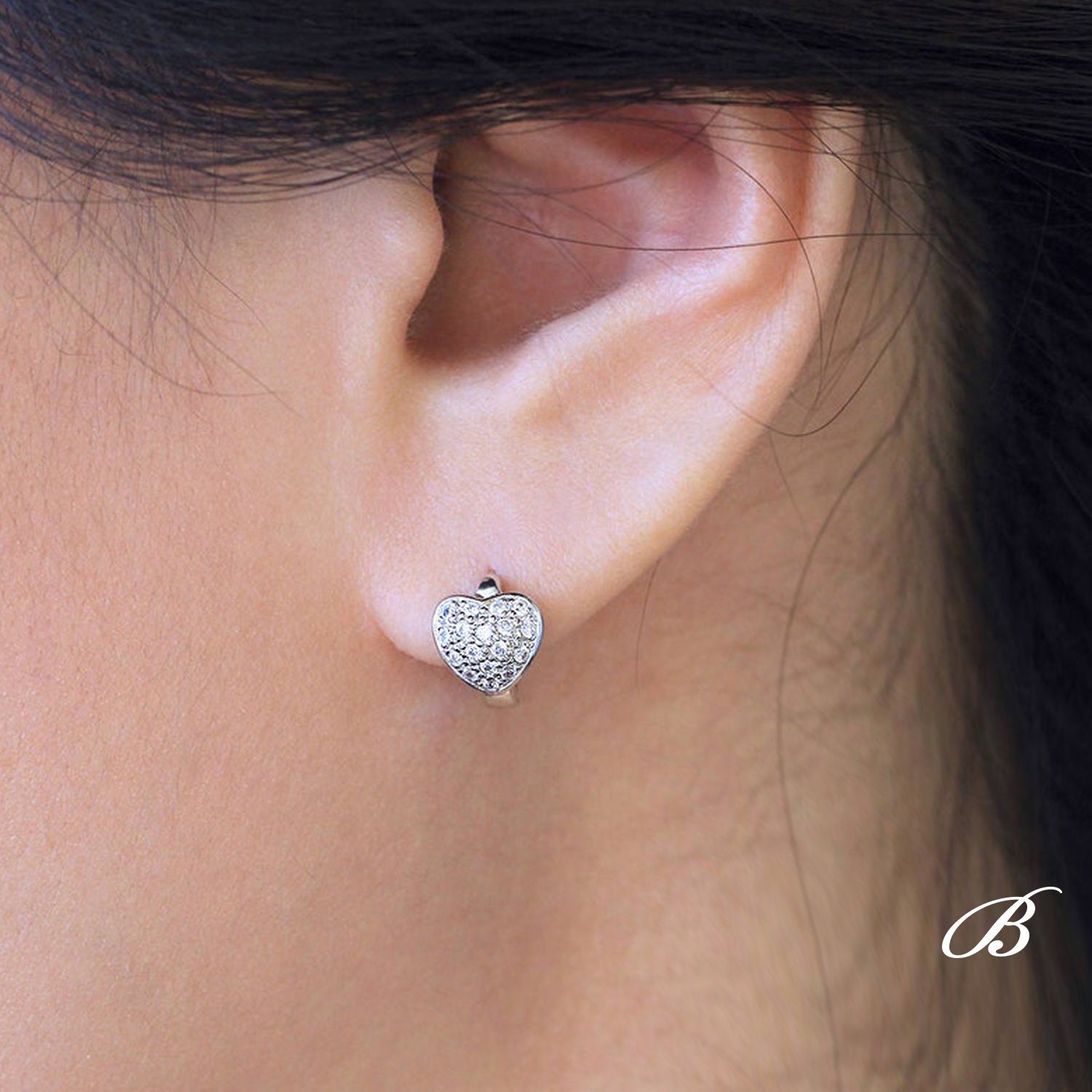 Pave Heart Hoop Earrings Huggie 