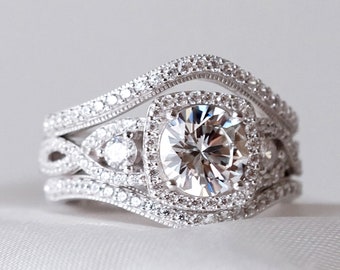Ice Emma Three Piece Ring Set - Triple Engagement Ring - Bridal Jewelry Set - Split & Curve Wedding Band Set - Gift for Her [BR1853-3C]