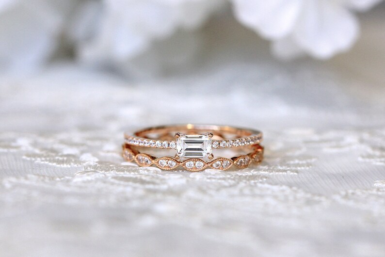 0.92 cttw Emerald Cut Engagement Ring W Art Deco Full Eternity Wedding Band Ring-Bridal Ring-Dainty Set-Rose Gold Plated 65417RG-2B