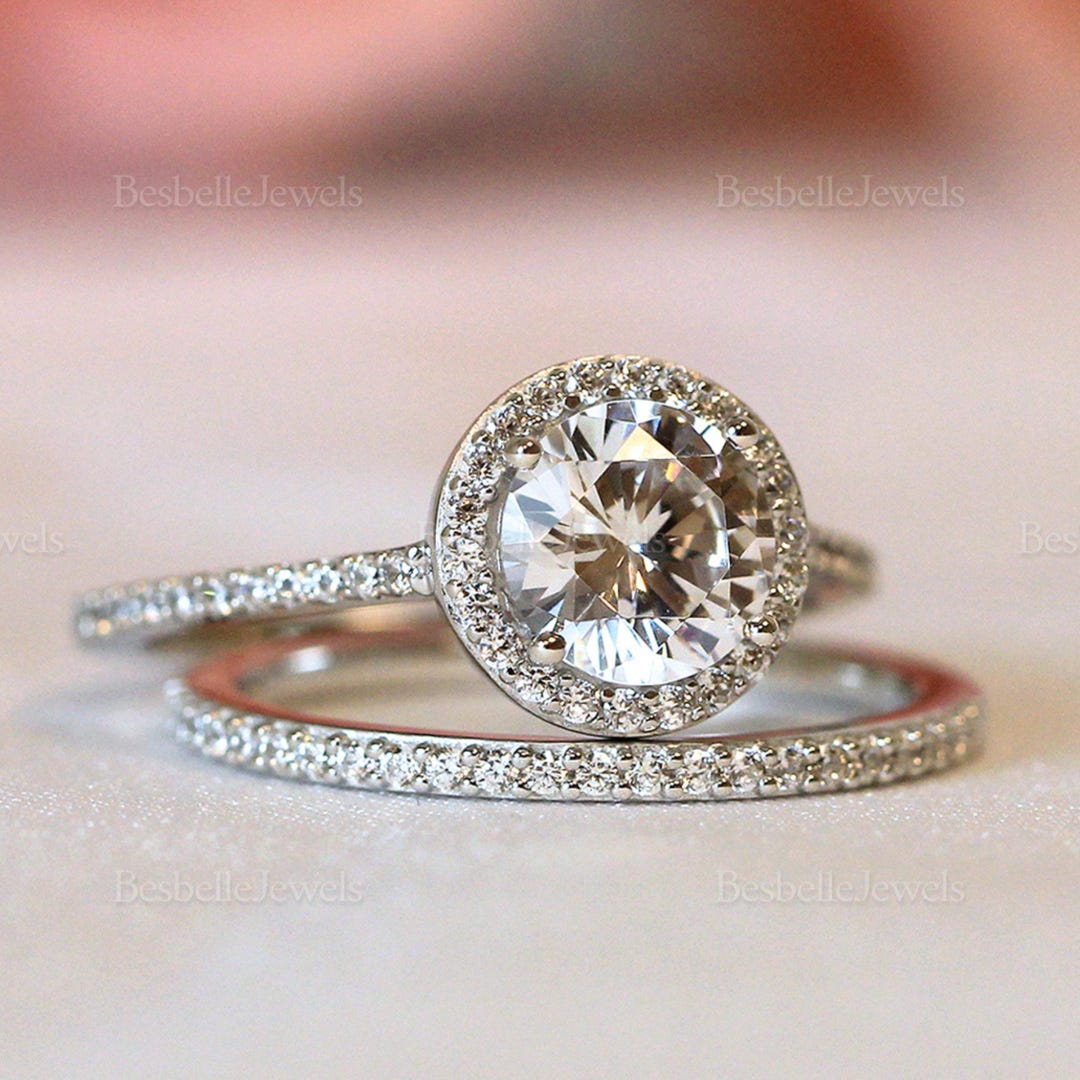 High Setting Rings Round Round Halo Bridal Set Ring - Round Brilliant Cut Engagement Ring ...