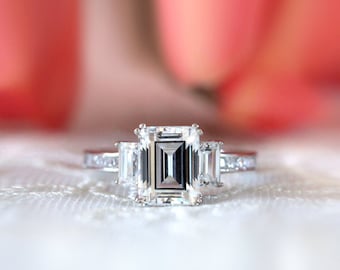 Emerald Three Stone Diamond Engagement Ring - Emerald Cut Diamond Wedding Ring - Anniversary CZ Diamond Ring - Valentine's Gift [BR3314]