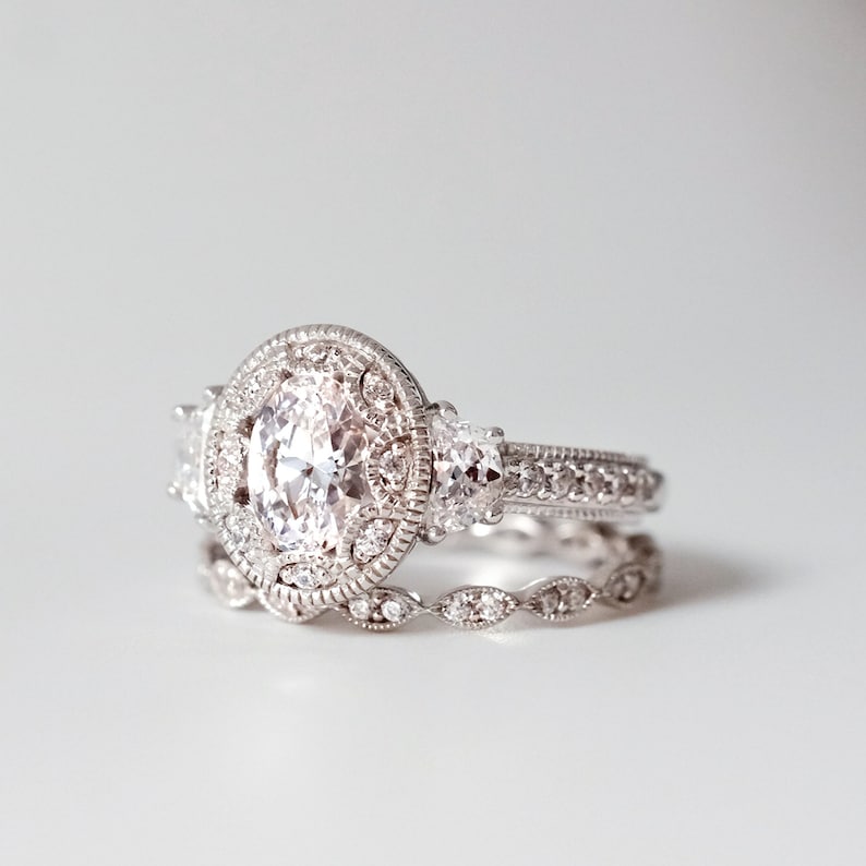 2.67 cttw Art Deco Bridal Set Oval Cut Diamond Simulant Vintage Art Deco Engagement Ring w/ All or Half Eternity Band Ring BR3950-2 image 1