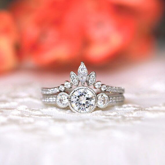 Milgrain Three Stone Engagement Ring Set Curved Tiara Etsy UK
