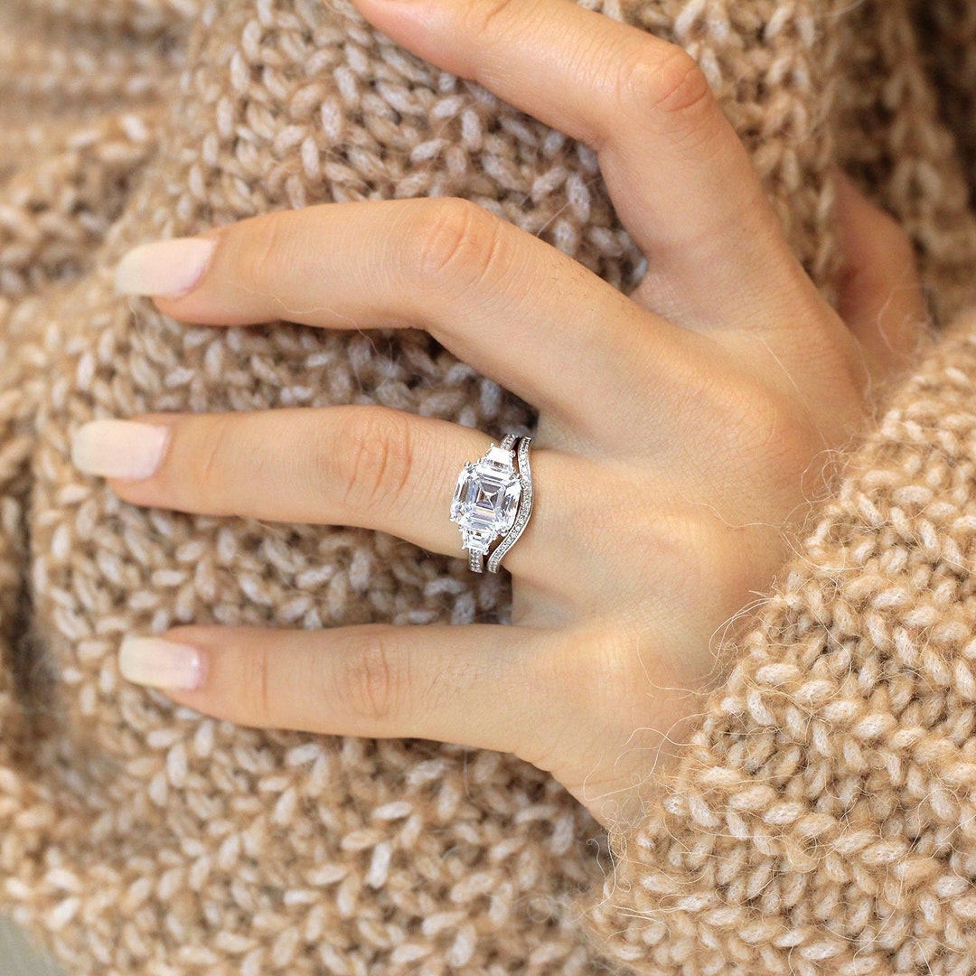 Asscher Cut Curved Wedding Band Set Diamond Wedding Ring Set Asscher Cut Bridal Set Dainty Wedding Engagement Ring Set BR6917 2C Etsy Canada