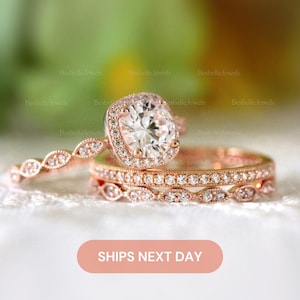 Round Halo Bridal Ring Set / Vintage Art Deco Wedding Ring Set / Dainty Superior Lab-Created CZ Diamond / 3PC Stacking Ring Set / 5553-3MX