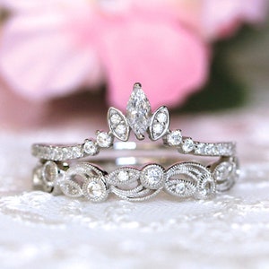 Tiara Curve & Vine Wedding Ring Set - Art Deco Ring Stack Set - Stackable Eternity Bands - Dainty Wedding Ring Stack Set [BR2252-2T]