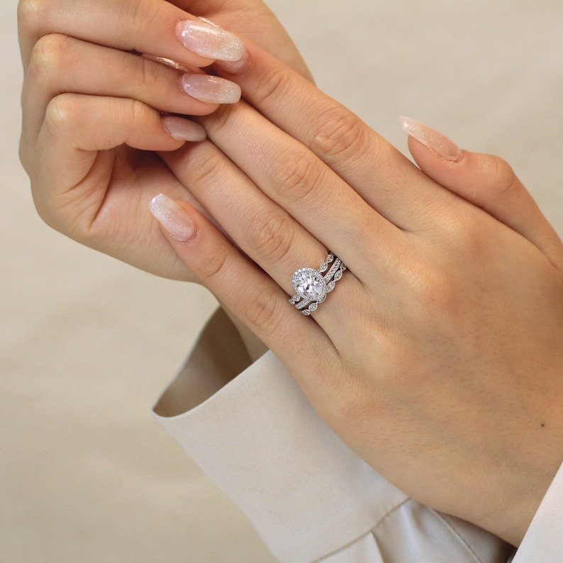 Oval Diamond Engagement Ring Set Dainty Art Deco Bridal Set Gift for Her Three Ring Diamond CZ Proposal Set BR5953-3MX image 3