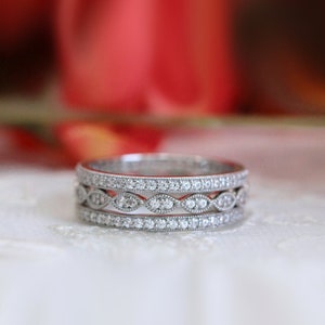 Three Piece Milgrain Eternity Ring Set - Brilliant Cut Pave Set Diamond Stacking Ring Set - Art Deco Wedding Ring Set [BR6053E-3M]
