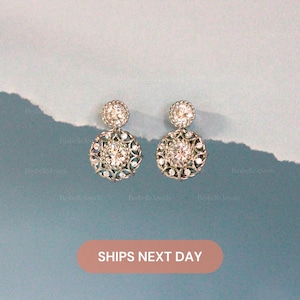 Art Deco Dangle Earrings / Vintage Filigree Bridal Earrings / Lab Created CZ Diamond  / Wedding Jewelry / Classic Drop Earrings / 3064