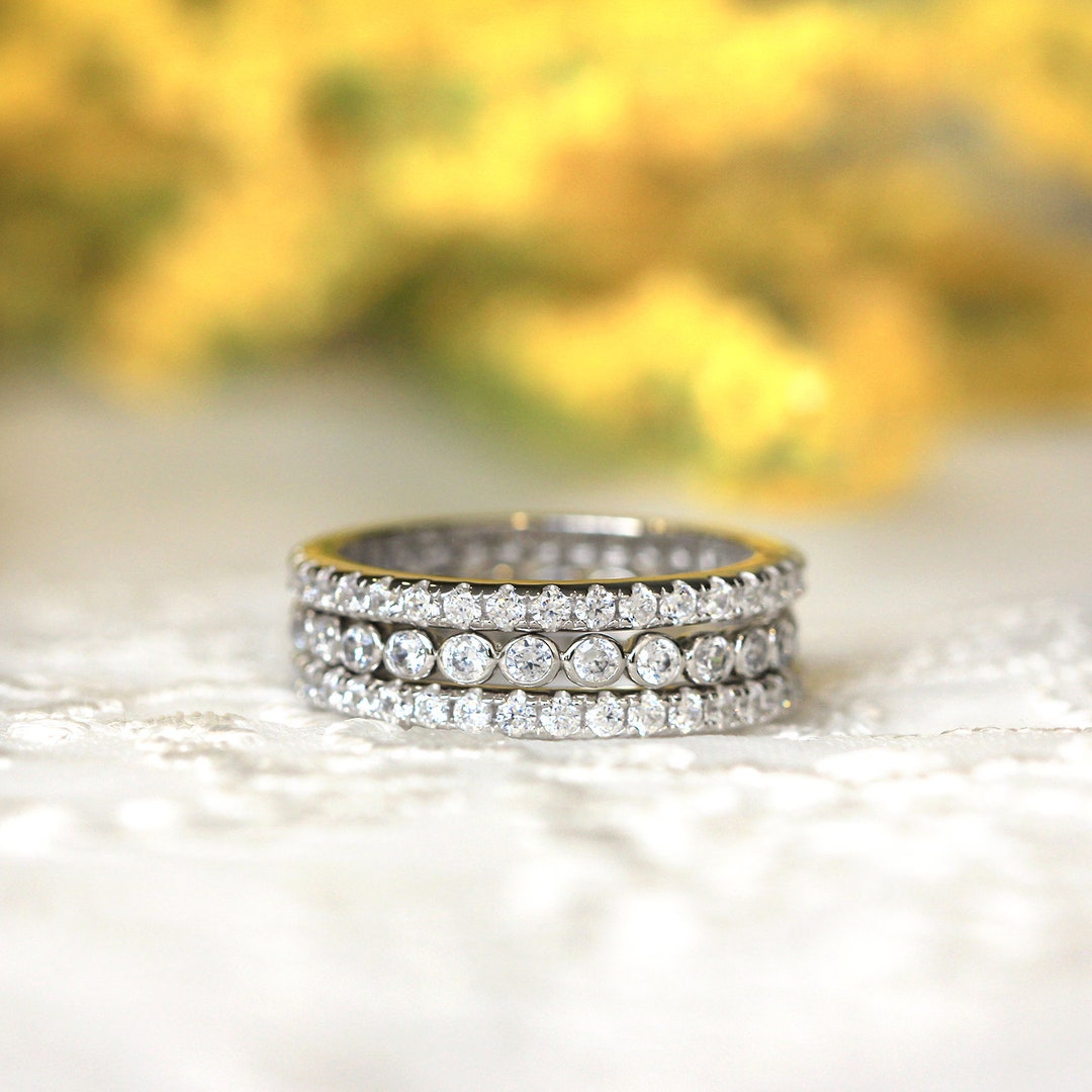 Bezel and Pave Eternity Stackable Set Ring Brilliant Cut Diamond Wedding Ring Set Stacking Band