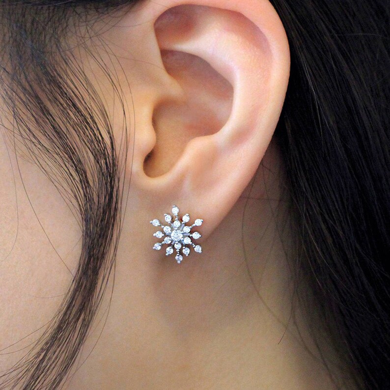 Snowflake Stud Earrings Winter Jewelry Sun Ray Stud Earrings Brilliant Cut Diamond Earrings Flower Studs for Her BE8464 image 1