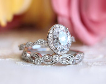 Oval Art Deco Bridal Ring Set - Oval Halo Diamond Engagement Ring Vintage Vine Band Stacking Set - Valentine Gift for Her [BR5953-2L]