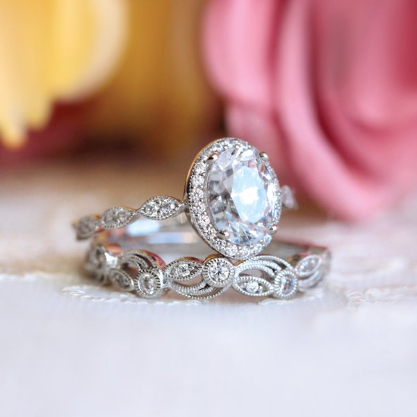 Oval Art Deco Bridal Ring Set - Oval Halo Diamond Engagement Ring Vintage Vine Band Stacking Set - Valentine Gift for Her [BR5953-2L]