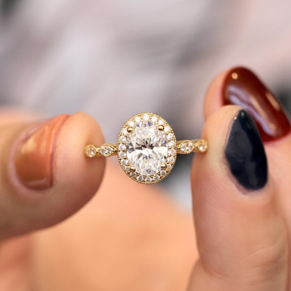 Oval Vintage Halo Engagement Ring - Oval Cut Art Deco Ring - Elegant Wedding Ring - Valentine Gift for Her - Oval Engagement Ring (5953R)