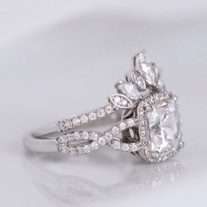 Grand Tiara Bridal Set Ring - Vintage Art Deco Halo Engagement Ring Set - V Curved Wedding Band Ring Set - Anniversary Gift [BR9852-2GT]