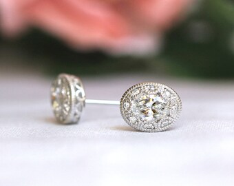 Vintage Detail Oval Diamond Stud Earrings - Art Deco Studs - Minimalist Vintage Style Earrings - Bridesmaid Wedding Jewelry [BE5557]