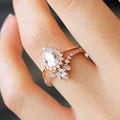 Pear Halo Engagement Ring Set - Tiara Wedding Band Set - Unique Wedding Ring Set - Feminine Vintage Style Bridal Jewelry [BR6654-2T]