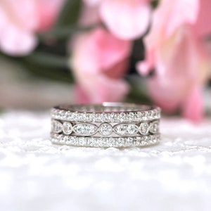 Stackable Bridal Ring Set - Milgrain Art Deco Pave Set Eternity Rings - Brilliant Cut Diamond Stacks - Minimalist Ring Set [BR7954E-3]