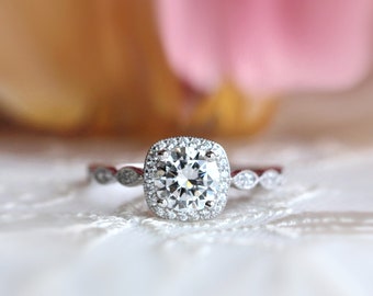 Bague de fiançailles halo ronde - diamant taille ronde CZ pièce maîtresse 6 mm - bague de promesse art déco - alliance vintage - cadeau pour elle [BR5553]