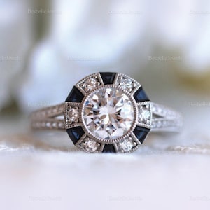 Daphne Sapphire Halo Ring, Art Deco Engagement Ring, Blue Accent Halo Ring, Vintage Inspired Sterling Silver Ring, Bridal Jewelry (6853R)