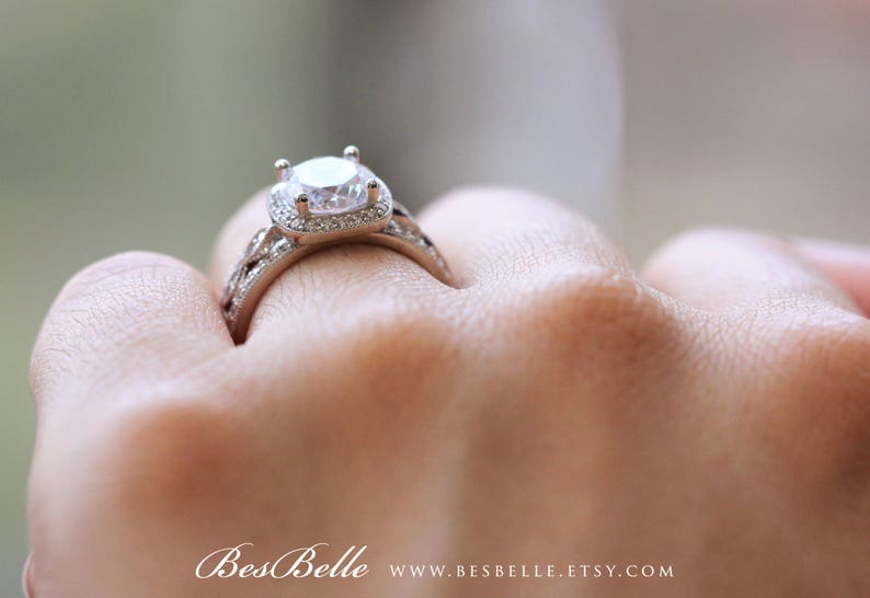 65360-3M 2.95 cttw Milgrain Art Deco Bridal Set-Brilliant Cut Halo Engagement Ring w Two All Half Eternity Bands