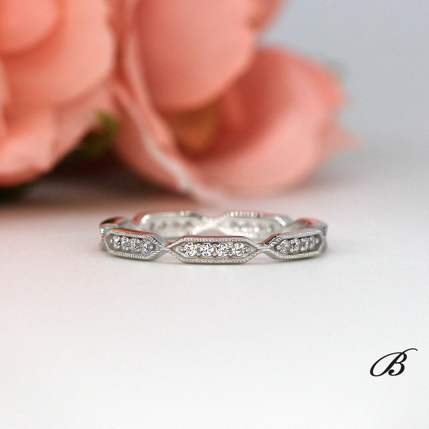 0.28 cttw Milgrain Band Ring Brilliant Cut Diamond Simulant Vintage S…
