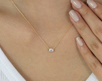 Minimal Emerald Diamond Bezel Necklace - Solitaire Dainty Necklace - 5x3mm Emerald Cut Diamond - Gift for Her - Bridesmaid Gifts [BN3304]