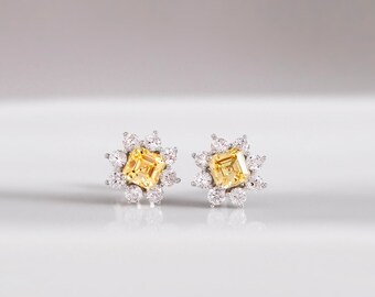 Canary Yellow Halo Flower Stud Earrings - Asscher Cut Diamond Earrings - Anniversary Wedding Gift - Gift for Her [BE8067]