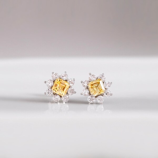 Canary Yellow Halo Flower Stud Earrings - Asscher Cut Diamond Earrings - Anniversary Wedding Gift - Gift for Her [BE8067]