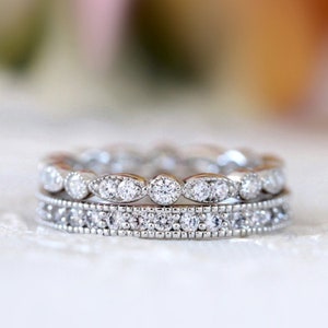 Milgrain Art Deco Eternity Set - Pave Full Eternity Ring Set - Stackable Ring Set - Vintage Art Deco Band Set [BR7954E-2A]