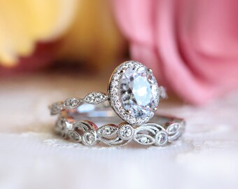 Oval Art Deco Bridal Ring Set - Oval Halo Diamond Engagement Ring Vintage Vine Band Stacking Set - Valentine Gift for Her [BR5953-2L]