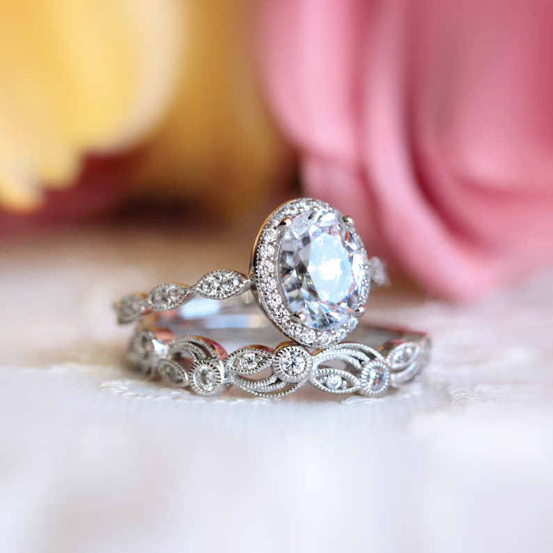 Oval Art Deco Bridal Ring Set  Oval Halo CZ Diamond image 1