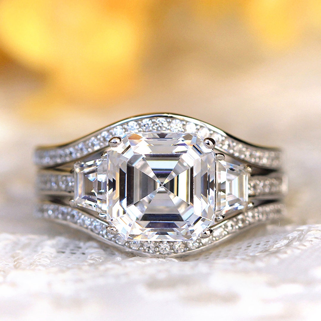 Asscher Curve Three Ring Bridal Set Art Deco Wedding Jewelry Set Unique