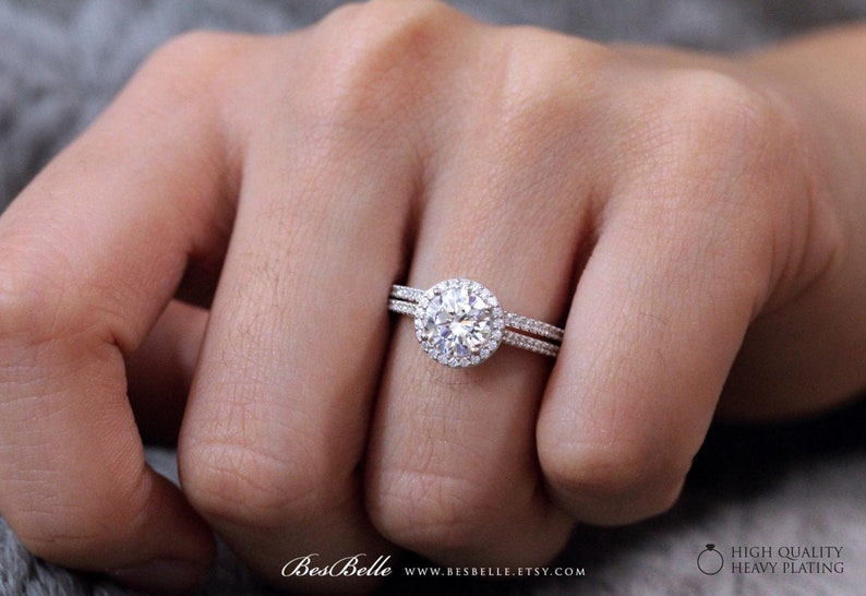 0754-2 2.13 cttw \u2022 Halo Bridal Set Ring \u2022 Brilliant Cut Diamond Simulant \u2022 Engagement Ring w All or Half Eternity Band Ring