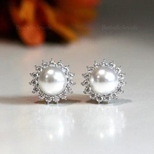 White Pearl Halo Stud Earrings - Round Halo Studs - Bridesmaid Wedding Jewelry - Wedding Day Earrings Anniversary Gift for Her [BE7909]