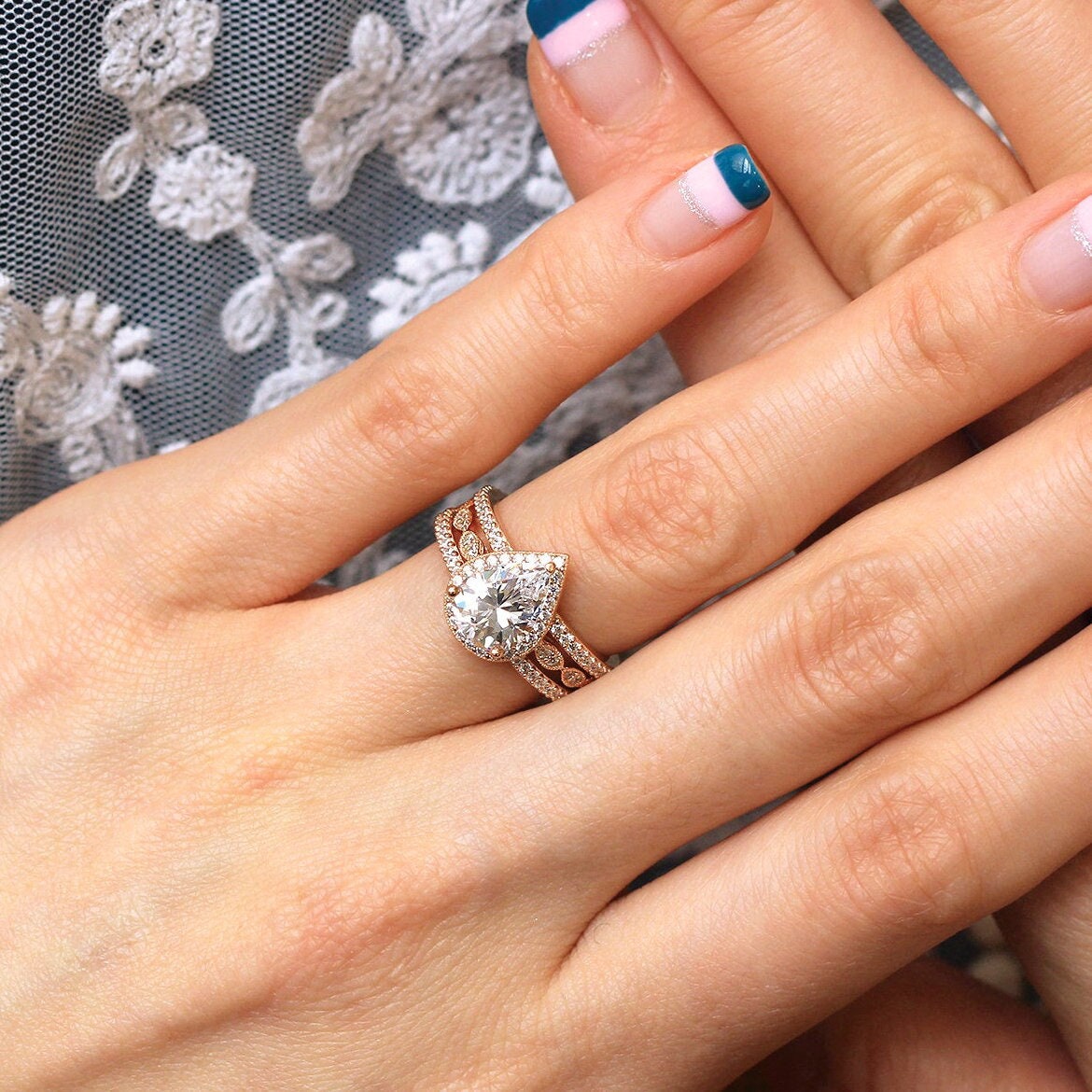 3.26 cttw Pear Cut Halo Bridal Set Engagement Ring w/ Two Pave Eternity Wedding Band Stacking Bridal Set Dainty Ring Set [BR6253-3P]