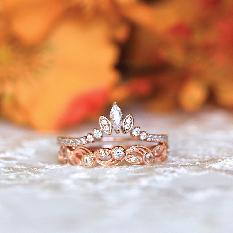 0.56 cttw \u2022 Art Deco Wedding Ring Set \u2022 Tiara Curve /& Vine Shaped Stacking Ring \u2022 Stackable Eternity Band \u2022 Dainty Wedding Ring 65222-2T