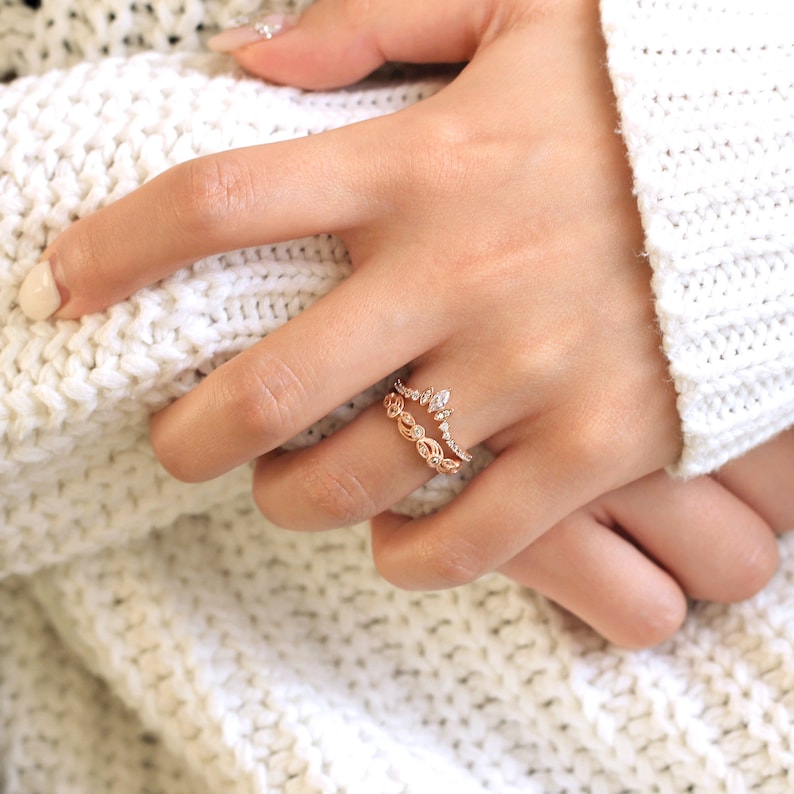0.56 cttw \u2022 Art Deco Wedding Ring Set \u2022 Tiara Curve /& Vine Shaped Stacking Ring \u2022 Stackable Eternity Band \u2022 Dainty Wedding Ring 65222-2T