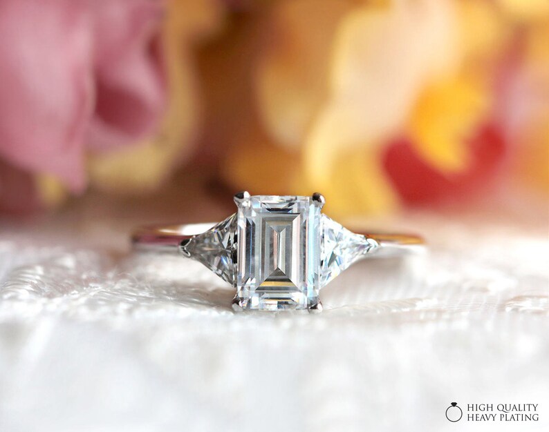 1.66 cttw \u2022 Three Stone Engagement Ring \u2022 Emerald /& Trillion Cut Diamond Simulant \u2022 Bridal Ring \u2022 Wedding Ring 8420ES