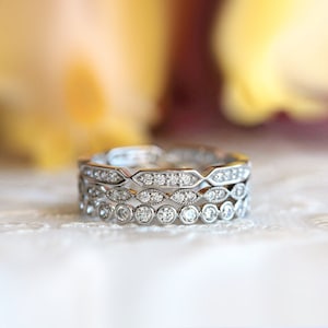 Vintage Style Ring Stack Set - Art Deco Stackable Eternity Rings - Dainty Milgrain Ring Stack - Minimalist Matching Jewelry [BR3016-3X]