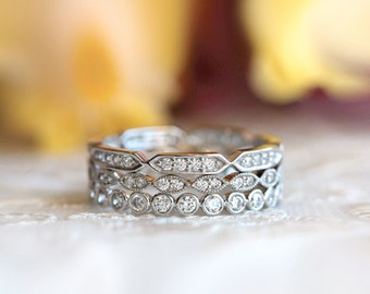 Vintage Style Ring Stack Set - Art Deco Stackable Eternity Rings - Dainty Milgrain Ring Stack - Minimalist Matching Jewelry [BR3016-3X]