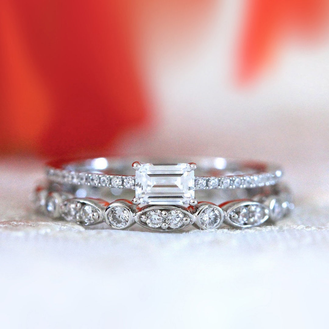 Mergering Mix and Match Emerald Cut Ring Set - Emerald Engagement Ring Set ...